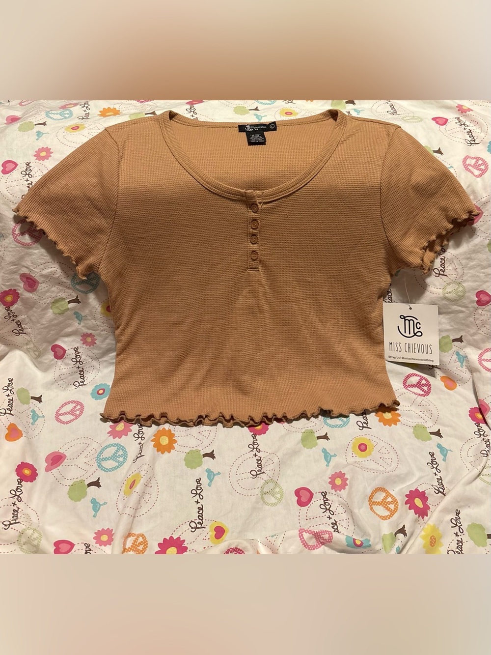 Miss Chievous Mustard Ribbed Short Sleeve Henley Crop Top